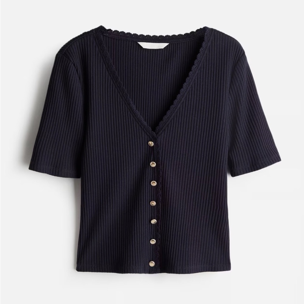 H&M Navy Blue Ribbed Button-Front Top Large